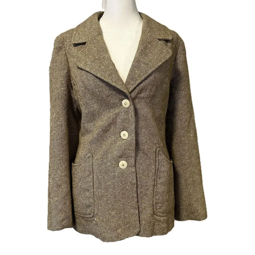 Vintage Womens Tweed Blazer Tan Brown Wool Size XS Daphne Raven London Academia